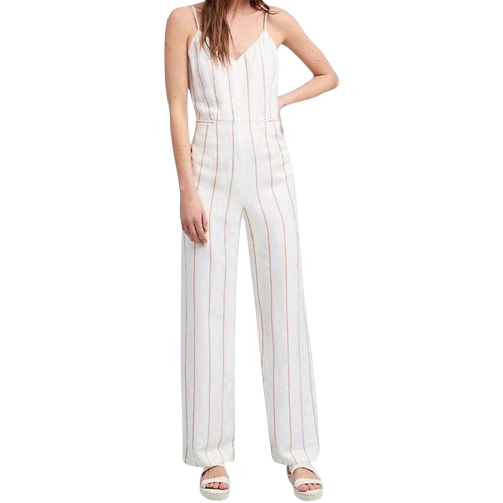 Anthropologie Essential Jumpsuit White Striped Linen Blend Wide Leg Size 12